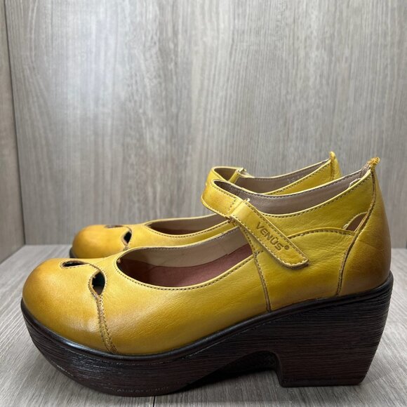 Venus Mary Jane Platform Shoes Womens 37 Adjustable Strap Cut Out Leather Yellow - Picture 2 of 12